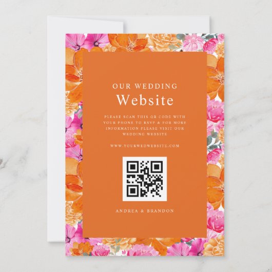 Roze en Oranje | Vibrant Garden | QR-code bruiloft Kaart (Achterkant)
