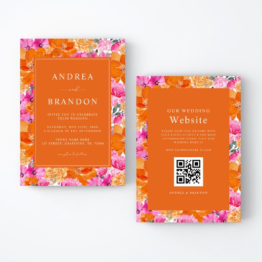 Roze en Oranje | Vibrant Garden | QR-code bruiloft Kaart