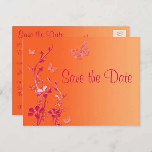 Roze en Oranje Vlinders Save the Date Briefkaart (Voorkant / Achterkant)