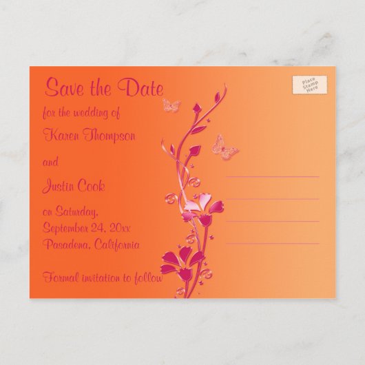 Roze en Oranje Vlinders Save the Date Briefkaart (Achterkant)