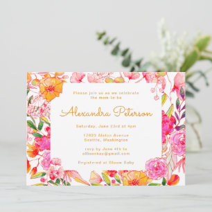 Roze en oranje waterverf bloemen baby shower kaart