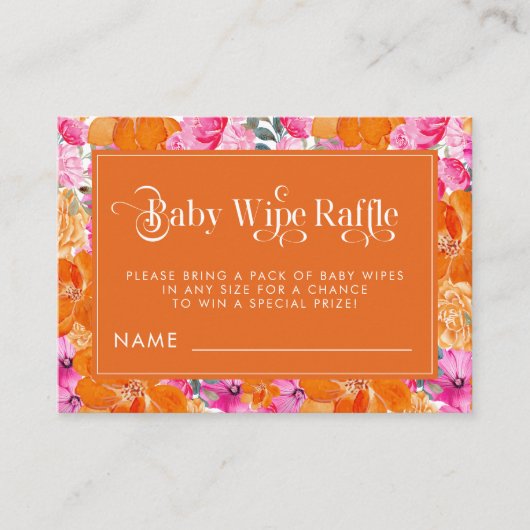 Roze en Oranje Waterverf Bloemen Baby Wipe Raffle Informatiekaartje (Voorkant)