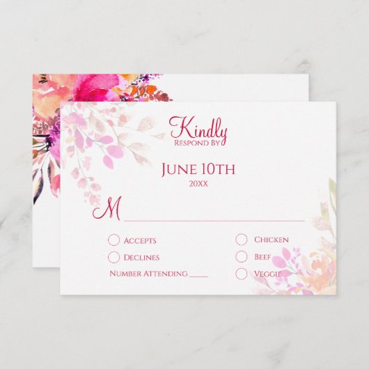 Roze en Oranje Waterverf Bloemen Elegante bruiloft RSVP Kaartje (Voorkant / Achterkant)
