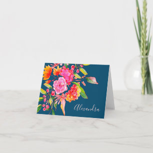 Roze en Oranje Waterverf Bloemen Navy Naam Notitiekaartje