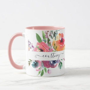 Roze en oranje waterverf bloemstuk gepersonaliseer mok