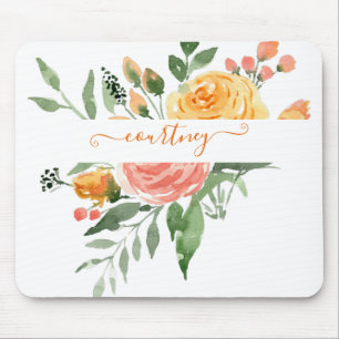 Roze en oranje waterverf bloemstuk gepersonaliseer muismat
