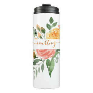 Roze en oranje waterverf bloemstuk gepersonaliseer thermosbeker