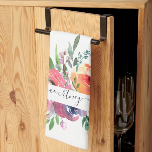 Roze en oranje waterverf floraal gepersonaliseerd theedoek (Derde Gevouwen)