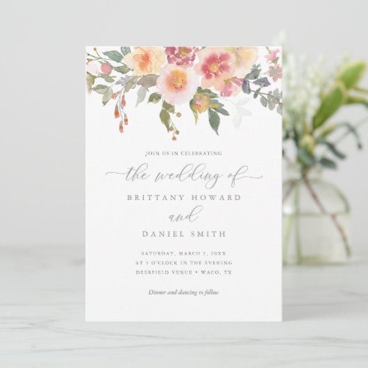 Roze en Oranje Waterverf Floral Greenery Wedding Kaart (Staand voorkant)