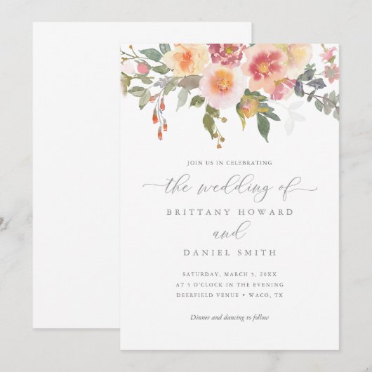 Roze en Oranje Waterverf Floral Greenery Wedding Kaart (Voorkant / Achterkant)