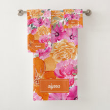 Roze en Oranje Waterverf Floral Name Monogram