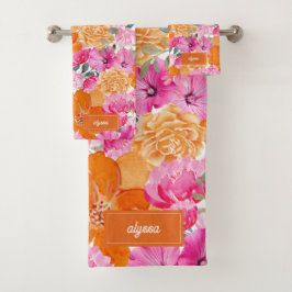 Roze en Oranje Waterverf Floral Name Monogram Bad Handdoek