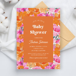 Roze en Oranje Waterverf Floral Retro Baby shower Kaart