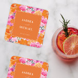 Roze en Oranje Waterverf Floral Summer Wedding Kartonnen Onderzetters<br><div class="desc">Deze elegante papieren onderzetters,  met roze en oranje bloementekst en aangepaste tekst,  zouden een geweldige aanvulling zijn op uw huwelijksfeest. Voeg eenvoudig uw eigen gegevens toe door op de optie "personaliseren" te klikken.</div>