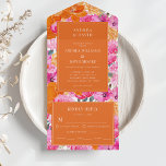 Roze en Oranje Waterverf Floral Vibrant Wedding All In One Uitnodiging<br><div class="desc">Verras je vrienden en familie met deze elegante allemaal in één trouwuitnodiging,  met roze en oranje waterverf florale en aangepaste tekst. Voeg je eigen gegevens eenvoudig toe door op de optie 'personaliseren' te klikken.</div>