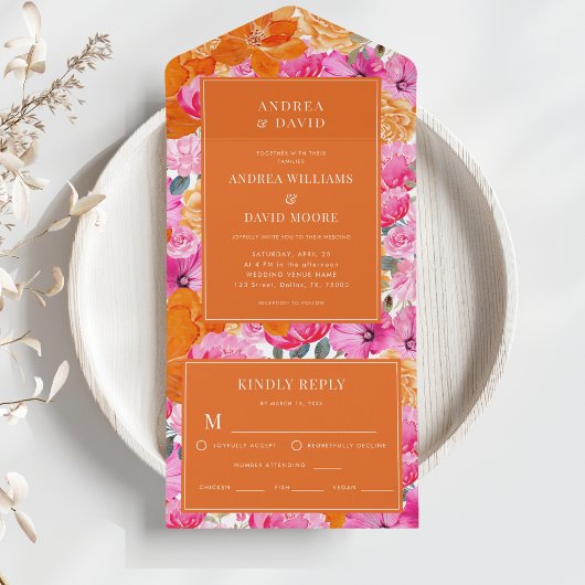 Roze en Oranje Waterverf Floral Vibrant Wedding All In One Uitnodiging