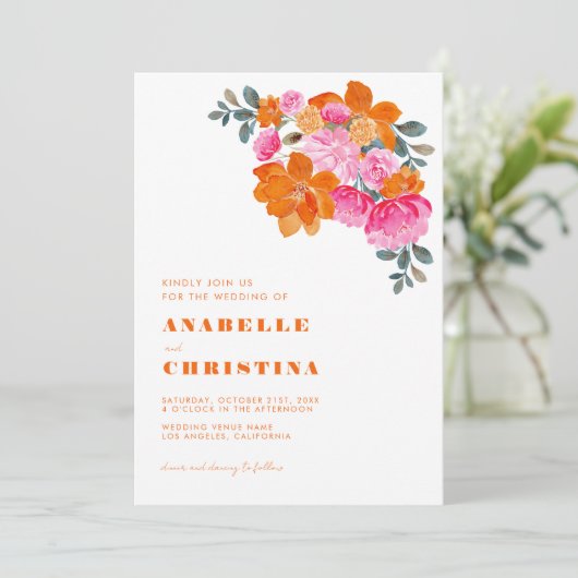 Roze en Oranje Waterverf Floral Vibrant Wedding Kaart (Staand voorkant)