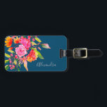 Roze en Oranje Waterverf Flowers Navy Name Bagagelabel<br><div class="desc">Roze en Oranje Waterverf Flowers Navy Name Bagagelabel</div>