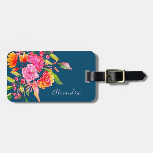 Roze en Oranje Waterverf Flowers Navy Name Bagagelabel (Voorkant horizontaal)