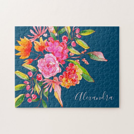 Roze en Oranje Waterverf Flowers Navy Name Legpuzzel (Horizontaal)