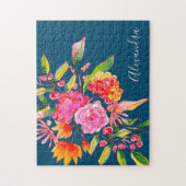 Roze en Oranje Waterverf Flowers Navy Name Legpuzzel (Verticaal)