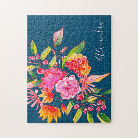 Roze en Oranje Waterverf Flowers Navy Name Legpuzzel (Verticaal)