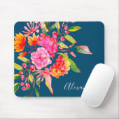 Roze en Oranje Waterverf Flowers Navy Name Muismat (Met muis)