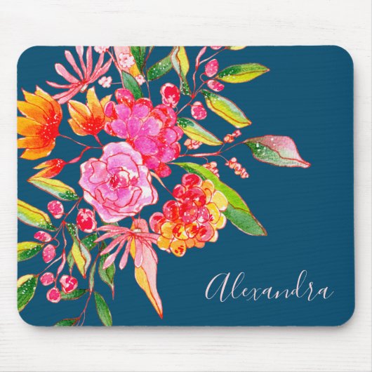 Roze en Oranje Waterverf Flowers Navy Name Muismat (Voorkant)
