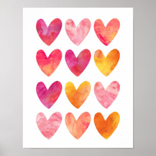 Roze en oranje waterverf harten poster print
