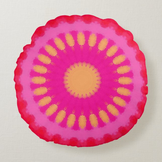 Roze en Oranje Waterverf Mandala Rond Kussen (Voorkant)