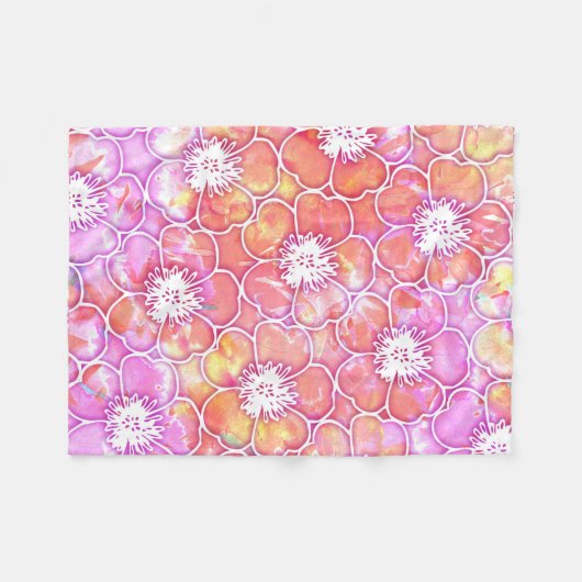 Roze en Oranje Waterverf met Witte Bloemen Fleece Deken (Voorkant (Horizontaal))