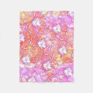 Roze en Oranje Waterverf met Witte Bloemen Fleece Deken
