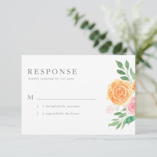 Roze en Oranje Waterverf Rozen bruiloft RSVP Kaartje (Staand voorkant)