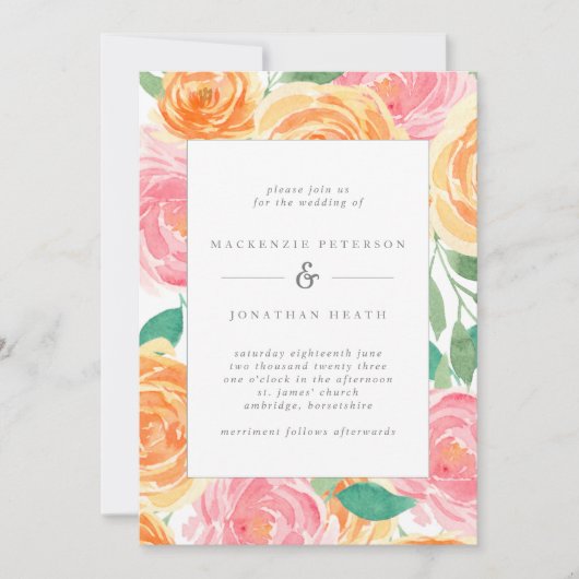Roze en Oranje Waterverf Rozen Zomerbruiloft Kaart (Voorkant)