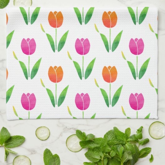 Roze en Oranje Waterverf Tulpen Theedoek (Gevouwen)