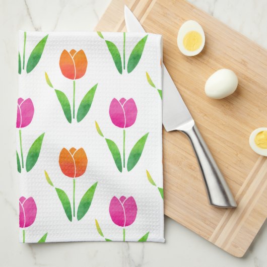 Roze en Oranje Waterverf Tulpen Theedoek (Quarter Fold)