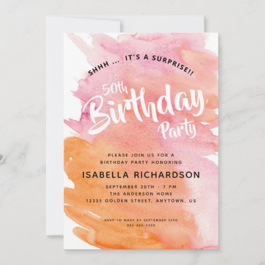 Roze en Oranje Waterverf Verras 50e verjaardag Kaart (Voorkant)