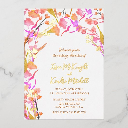 Roze en Oranje Waterverf Wilde bloem Folie Uitnodiging (Voorkant)