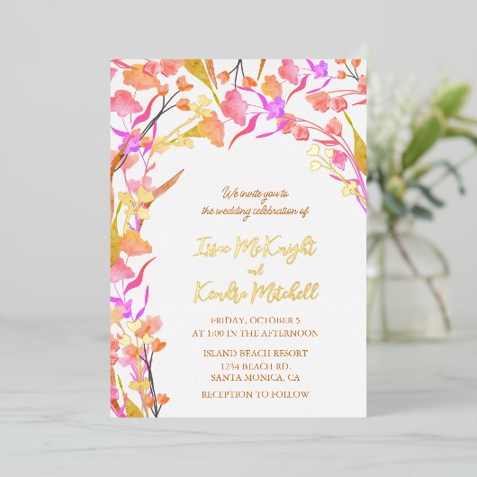 Roze en Oranje Waterverf Wilde bloem Folie Uitnodiging (Staand Voorkant)