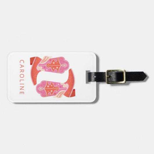 Roze en Oranje Westerse Cowboylaarzen Persoonlijk Bagagelabel (Voorkant horizontaal)