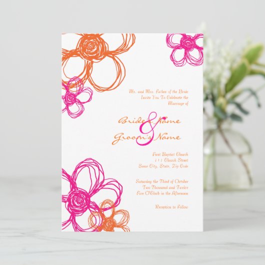 Roze en Oranje Wilde Bloemen 5x7 Uitnodiging tot b (Staand voorkant)