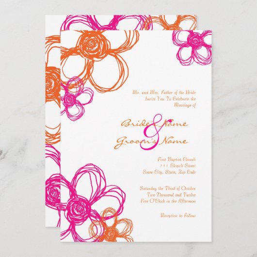 Roze en Oranje Wilde Bloemen 5x7 Uitnodiging tot b (Voorkant / Achterkant)