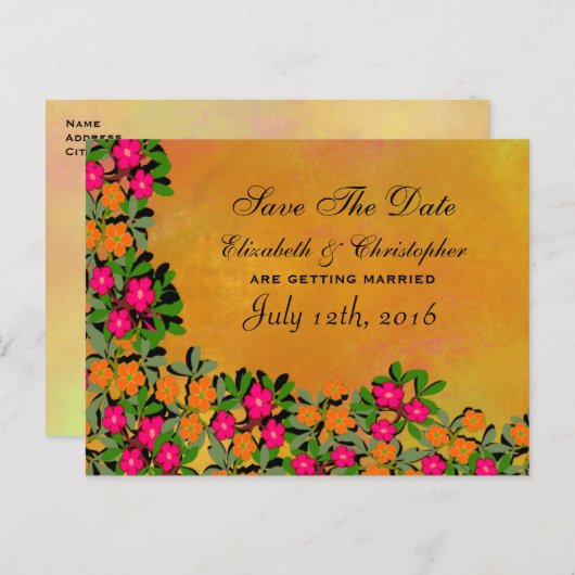 Roze en Oranje wilde bloemen die de datum bewaren Aankondigingskaart (Voorkant / Achterkant)