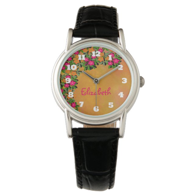Roze en Oranje wilde bloemen Horloge (Voorkant)