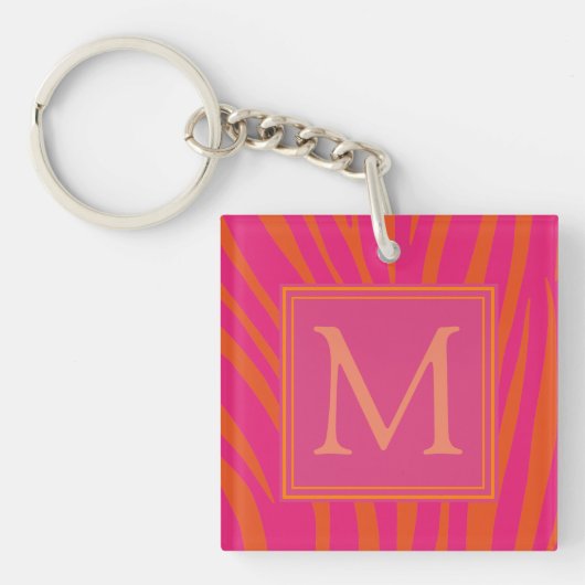 Roze en oranje zebra strepen monogram sleutelhanger (Voorkant)