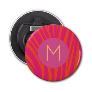 Roze en Oranje Zebrastripes Matig monogram Button Flesopener
