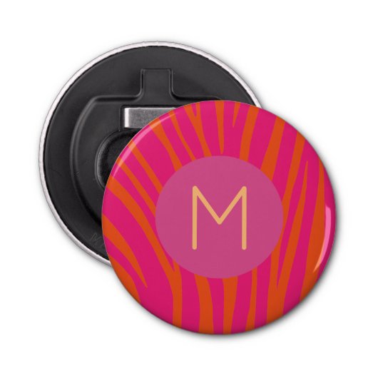 Roze en Oranje Zebrastripes Matig monogram Button Flesopener (Voorkant)