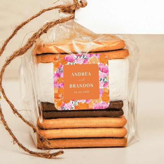 Roze en Oranje zomerse Floral Wedding Vierkante Sticker