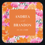 Roze en Oranje zomerse Floral Wedding Vierkante Sticker<br><div class="desc">Deze elegante stickers,  met heldere,  kleurrijke roze en oranje florale en aangepaste tekst van uw keuze,  zouden een geweldige aanvulling zijn op uw trouwbenodigdheden. Voeg je eigen gegevens eenvoudig toe door op de optie 'personaliseren' te klikken.</div>