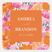 Roze en Oranje zomerse Floral Wedding Vierkante Sticker (Voorkant)